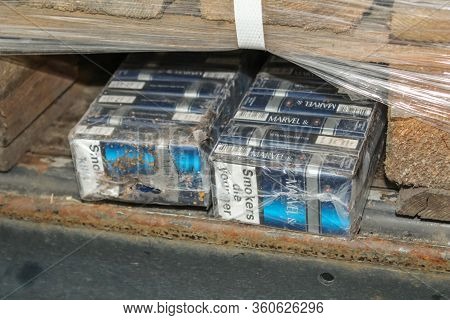 Krakovets, Ukraine - May, 2019: Close-up Of Smuggled Cigarettes Packs, Which Were Specially Disguise