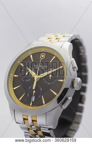 Ibach, Switzerland 31.03.2020 - The Close Up Of Victorinox Woman Watch Stainless Steel Case Stainles