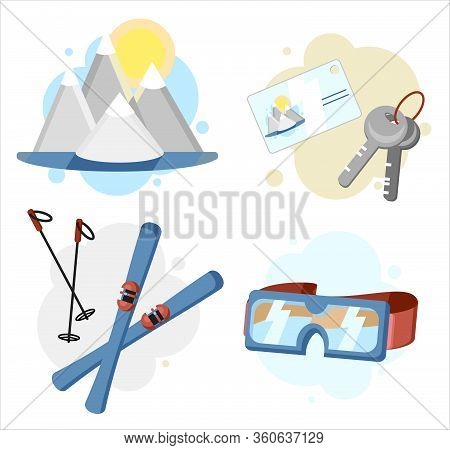 Ski Resort Icons Set. Equipment For Skiing Or Winter Travel On Holidays Or Weekend. Snow, Sky, Ski A
