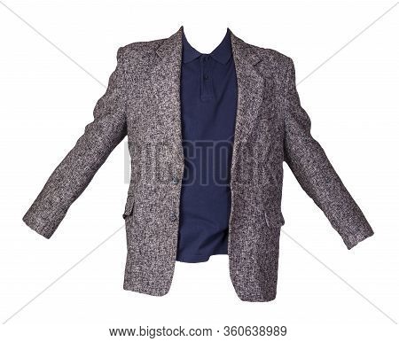 Gtay Jacket With Buttons And A Dark Blue T-shirt With A Collar And Buttons Isolated On A White Backg