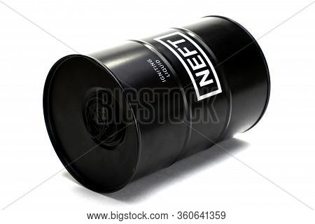 Black Iron Barrel With The Inscription Igniting Liquid Neft Lies On The White Background