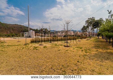 Hwanggan, South Korea; April 10,2020: Landscape Of No Gun Ri Peace Park And War Memorial Building Un