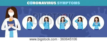 Coronavirus Alert Inforgaphic Symptoms. Epidemic Situation, Covid-19 Infection, Fever And Cough. Pan