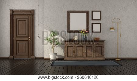 Home Entance In Classic Style With Wooden Sideboard And Closed Door - 3d Rendering