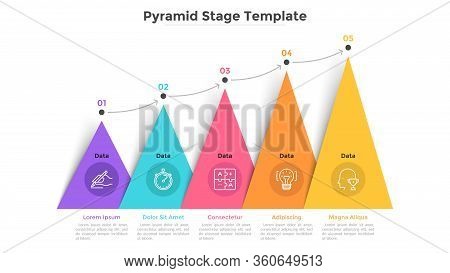 Bar Chart With 5 Colorful Triangular Or Pyramidal Elements Connected By Arrows. Concept Of Five Step