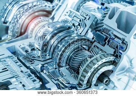 Metallic background of car automotive transmission gearbox