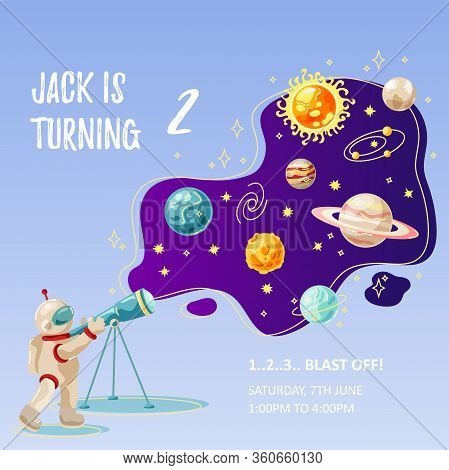 Space Backdrop With Palnets And Austronaut. Great For Outer Space Party Invitation, Baby Shower, Bir
