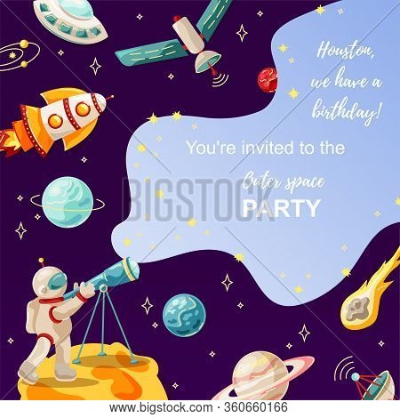 Space Backdrop With Palnets, Rocket, Austronaut. Great For Outer Space Party Invitation, Baby Shower