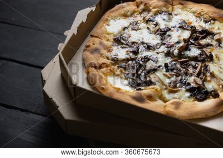 Pizza Funghi In An Open Delivery Box. Delivery Foods, Takeaway Food Concept: Pile Of Mushroom Pizzas