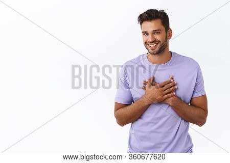 Stylish Modern Gay Man In Good Shape, Press Hands To Heart In Grateful, Touched Gesture, Smiling App