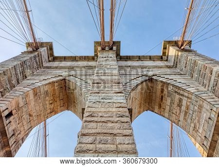 Brooklyn Bridge Pilon And Cables In New York