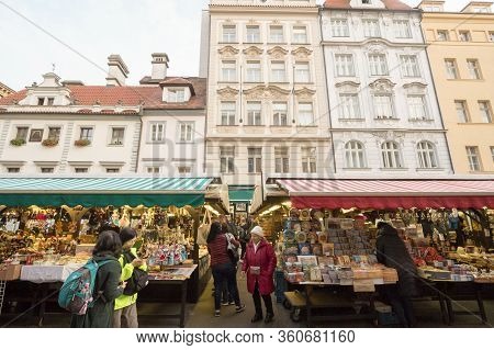 Prague, Czechia - November 3, 2019: Halevske Trziste Market In Prague, With A Focus On Stands Sellin