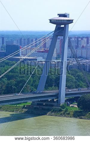 Snp Bridge Over Danube River, Also Called Ufo Bridge In Bratislava