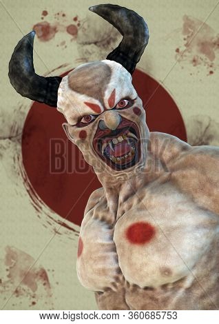 Portrait Of A Creepy Japanese Oni Demon In The Night. 3d Illustration.