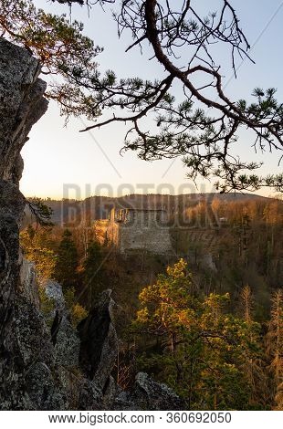 Old Ruin Divci Kamen With Rock And Tree At Morning Sunrise. Czech Republic