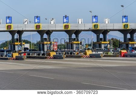 Malgara, Greece - September 27 2019: Highway Toll Stations With Fee Collecting Booths. Greek Roadway