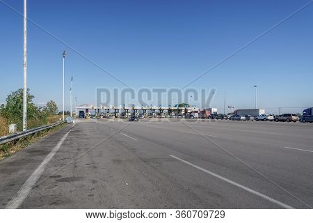 Malgara, Greece September - 27 2019: Highway Toll Stations With Fee Collecting Booths. Greek Roadway