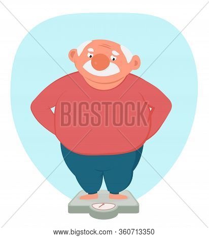 Plump Senior Caucasian Man Standing On Floor Scale.