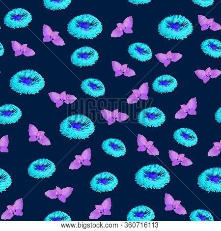 Daisy Flowers And Leaves Regular Pattern Neon Background. Pink English Bellis Perennis Bellasima Ros