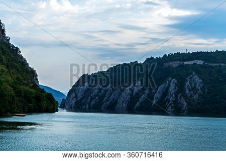 Pontoon On Danube River, Landscape With Water And Mountains, Cazanele Dunarii, Romania.