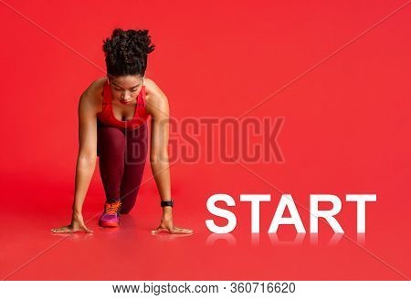 Ready To Move Forvard. Collage Of Black Female Athlete In Starting Position Before Run With Letterin