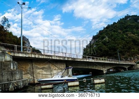 Decebal Bridge, Boats And Danube River, Landscape With Danube River And Mountains, Cazanele Dunarii,