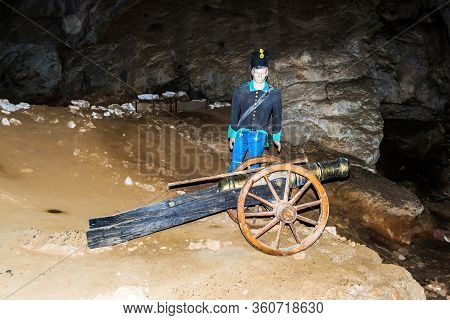 Cazanele Dunarii, Romania - September 08,2019: The Veterans Cave, Dug In The Left Bank Of The Danube