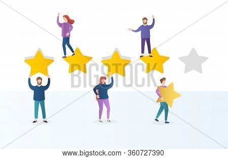 Different People Give Feedback Ratings And Reviews.characters Hold Stars Above Their Heads.evaluatio