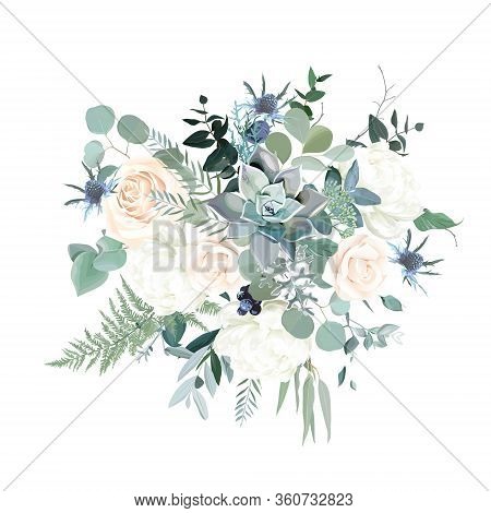 Silver Sage Green, Pink Blush And White Flowers Vector Design Spring Bouquet. Peony, Rose, Succulent