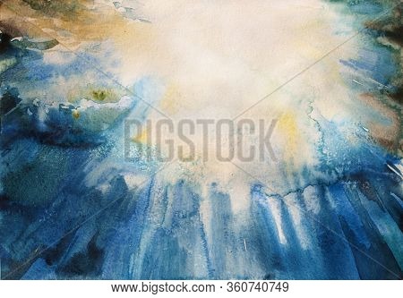 Dramatic Watercolor Underwater Sea View To The Sun, With Sunlights Going Through The Depth Of Water.