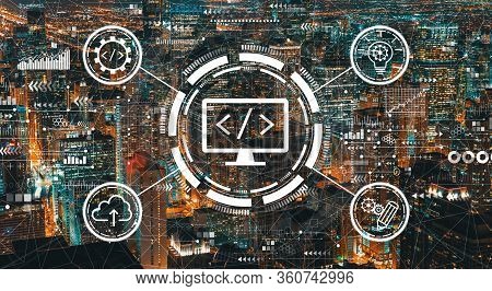 Web Development Concept With Downtown Chicago Cityscape Skyscrapers