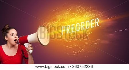 Young girld shouting in megaphone with PREORDER inscription, online shopping concept