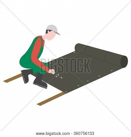 A Man Is Laying Artificial Grass. Vector Illustration