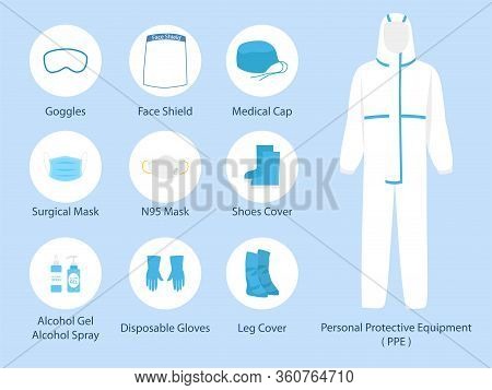 Set Of Ppe Personal Protective Suit Clothing Isolated And Safety Equipment For Prevent Corona Virus,