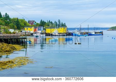 Views Of The Bay, Boats And Waterfront Buildings In Northwest Cove, Nova Scotia, Canada