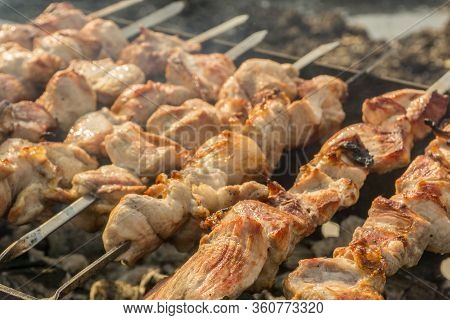 Roast Pork Meat On Skewers Shish Kebab From Meat On Grill