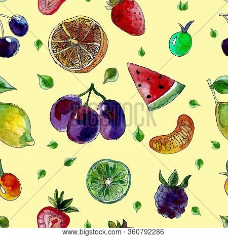 Seamless Summer Pattern Of Fresh Fruit Hand-drawn In Watercolor. Design Of Template, Wallpaper, Cove