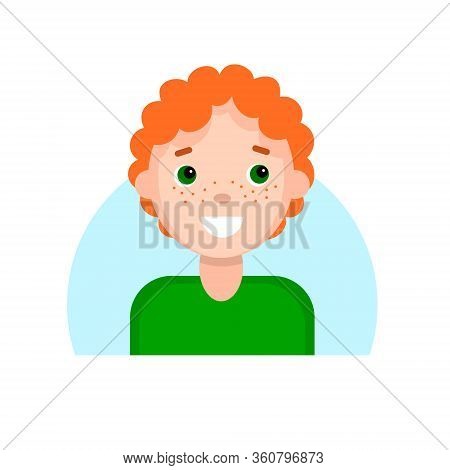 Face Of A Smiling Red-haired Boy With Freckles. Cartoon Portrait Of A Young Man. Avatar Character Fo