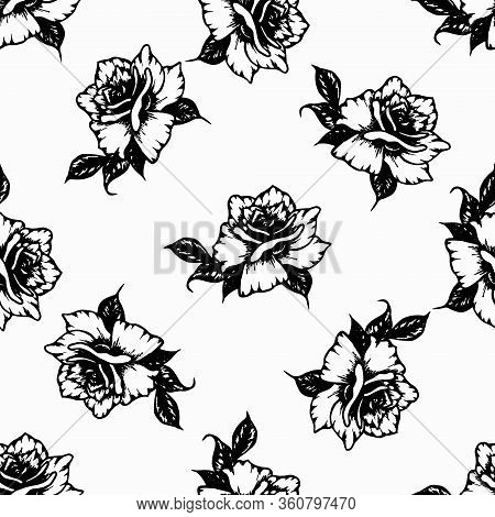 Seamless Pattern Of Hand Drawn Ink Roses. Beautiful Flowers Plants For Decoration Wrappers, Paper Fo