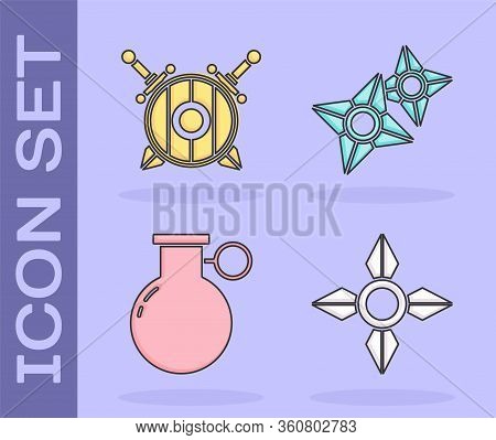 Set Japanese Ninja Shuriken, Wooden Shield With Crossed Swords, Hand Grenade And Japanese Ninja Shur