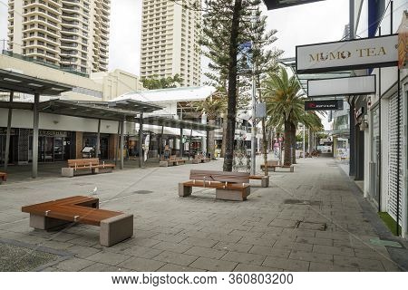 Surfers Paradise, Australia - April 8, 2020: Coronavirus Lockdown Empty Streets Of Iconic Cavill Ave