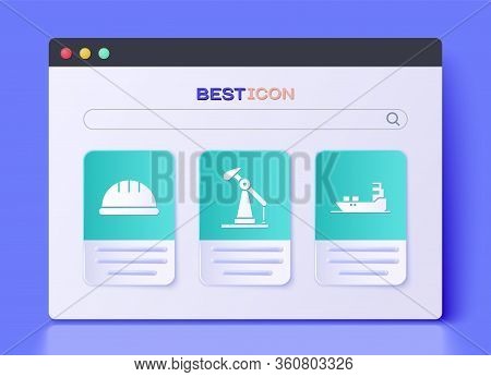 Set Oil Pump Or Pump Jack, Worker Safety Helmet And Oil Tanker Ship Icon. Vector