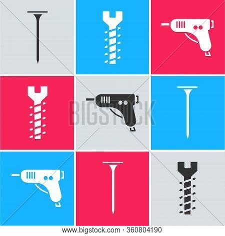 Set Metallic Nail, Metallic Screw And Electric Hot Glue Gun Icon. Vector