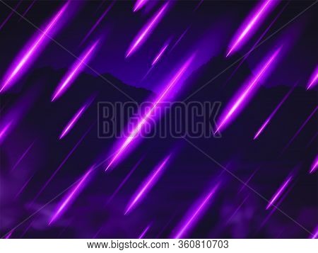 Speed Lines, Neon Light Rain. Moving Fast Shooting Stars, Meteorites on Dark Mountain Background
