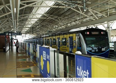 Jakarta, Indonesia April 9, 2019 : Mrt Train Arrived At Lebak Bulus Station In South Jakarta