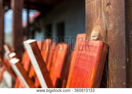 Freshly Painted Pine Wood Boards For Flooring The Patio On Residentual House, Shallow Depth Of Field