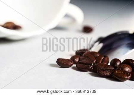 Coffee Beans And A White Cup On The Kitchen Table