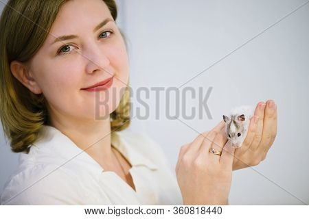 Girl Holds White Furry Little Mouse On White Background. Cute Young Mice In Hands Of Vet. Small Whit