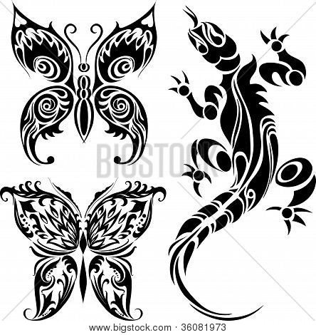 Kelebekler ve Lizard.eps dövme çizimleri