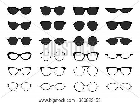 Glasses Collection. Geek Eyeglasses And Sunglasses. Black Spectacles Silhouette. Vector Fashion Opti